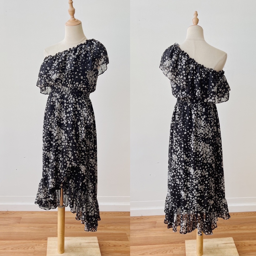 LULU’s One Shoulder Ruffle High Low Floral Print Black White Dress XS